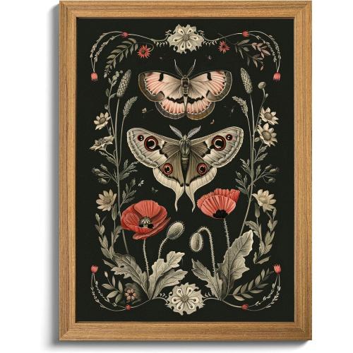 Vintage Framed Wall Art - 3D Textured Classical Style Moth Pictures Wall Decor - Hand Drawn Flowers Nature Art Painting for Living Room Bedroom Home Decor 24x36in