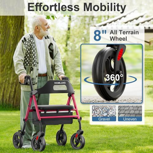 HOMLAND Foldable Rollator Walkers for Seniors with Seat, 16 Enlarged Seat | 350 lb Sturdy Frame, 16×12 Seat 1.9 Thick, 8 Big Wheels, Adjustable Height, Tool-Free Assembly, All Terrain Mobility Aid