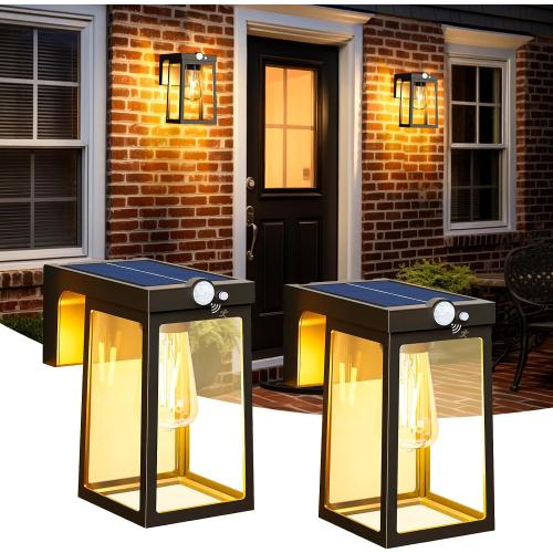 2 Pack Solar Porch Lights Outdoor with Motion Sensor, Dusk to Dawn Exterior Wall Lighting Fixtures Waterproof, LED Patio Lights Wall Sconce Outside Anti-Rust for Garage Frontdoor House, Black