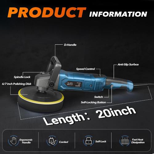 Buffer Polisher, 6 Inch/7 Inch 1600W Rotary Car Buffer Polisher Waxer, 7 Variable Speed 1000-3500 RPM, Detachable Handle for Waxing, Polishing & Scratch Removal