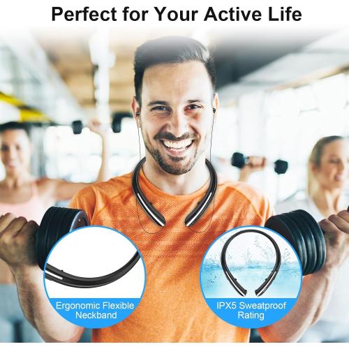 Bluetooth 5.0 Neckband Bluetooth Headphone, Sweat Resistant Noise Cancelling Stereo Headphones, and Retractable Ear Tips for Music, Conference, Videos (Black)