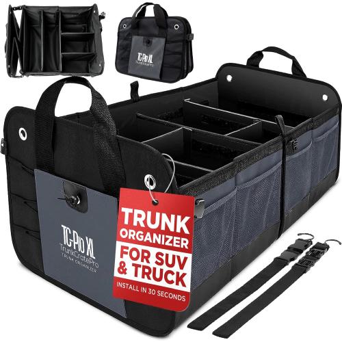 TRUNKCRATEPRO - XL Trunk Organizer For SUV, Car, Truck with 6 Compartments Adjustable Collapsible Portable Non-Skid Premium Cargo Storage Truck Organizer W Straps, Heavy Loads (Extra Large, Gray)