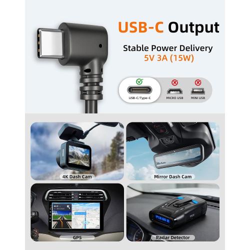 Dash Cam Power Cord USB C – 11.5FT Dashcam Power Adapter with Dual Ports Fast Charging, Compatible with Redtiger, Wolfbox, Vantrue and Most Dash Cameras