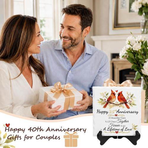 25th Anniversary Couple Gifts, Ceramic Anniversary Plaque with Stand