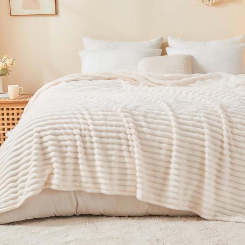 BEDELITE King Size Blanket for Bed, 300GSM Soft & Warm Fleece Blanket, Decorative and Giftable Striped Cream White Blankets for Women, Men, 108x90
