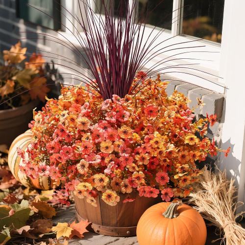Fall Flowers Artificial Mums for Outdoors Autumn Decor, 12 Bundles Fake Fall Mums with 1 pcs Burgundy Grass UV Resistant Realistic Faux Flowers for Outside Home Porch Patio Planter Yard, Orange Yellow