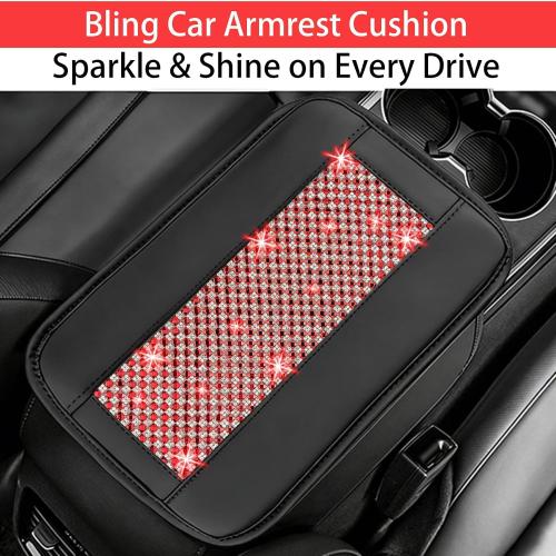 NBTEPEM Bling Car Armrest Cover, Universal Microfiber Leather Center Console Cover with 2 Pockets, Rhinestone Car Armrest Cushion Protector, Bling Accessories Interior for Most Vehicles (Red Diamond)
