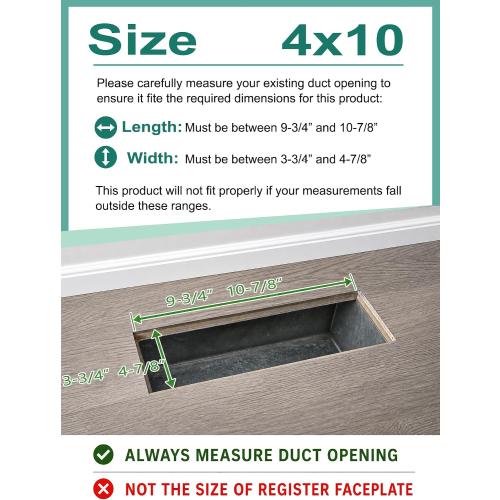 4x10 Floor Register, Built-in Leveling Screws, Fits Any Floor Thickness