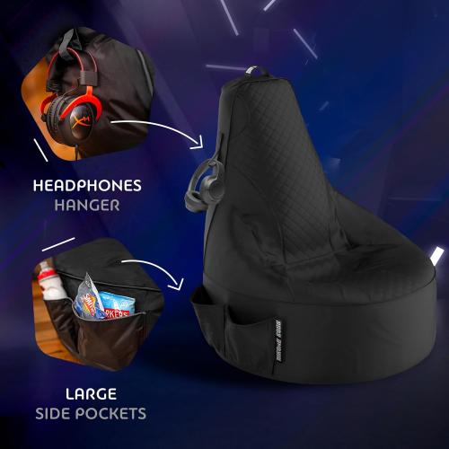 Throne Boss Gaming Bean Bag Chair Cover for Kids with High Back, Black – Floor Gaming Chair Cover, Easy to Clean Fabric, Large Side Pockets, Headphone Hanger, Requires 200 Liters Polystyrene Beans