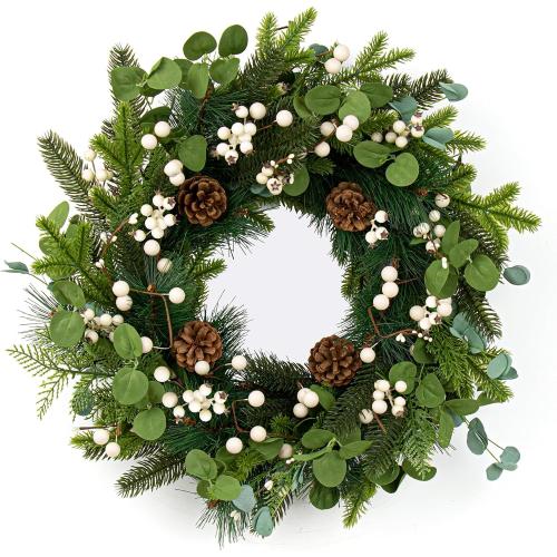 20 Inches Vintage Christmas Wreath Classic Winter Wreaths for Front Door Rustic Holiday Winter Wreath with White Berry Pine Cones for Doors Windows Indoors Outside Hanging Decoration