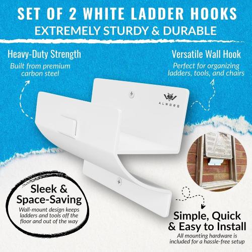 Ladder Hangers for Garage Wall - White Set of 2 Wall Mount Step Ladder Hook