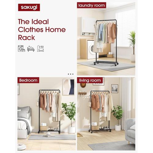Sakugi Clothes Rack - Clothing Rack with Storage Mesh Shelf & Casters, Heavy-Duty Metal Clothing Rack for Hanging Clothes, Dresses, Coats, Large Load Capacity, Easy Assembly, Black, 28.0x16.9x59.0❗MAY HAVE MISSING PIECES❗