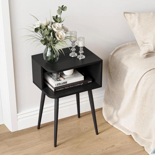 Black Nightstand Set of 2, Small Bed Side Table for Small Spaces, Mid Century Modern Nightstand End Table with Open Storage, Side Table for Bedroom Living Room, MLBZ20B-2