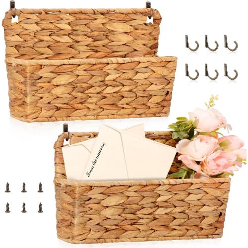 2 Pcs Woven Mail Holder Wall Mount Basket 9.25x1.57 Inch Rattan Wall Letter Holder Wicker Wall Basket Storage Water Hyacinth Hanging Storage Basket with Hooks for Mail Envelope Office