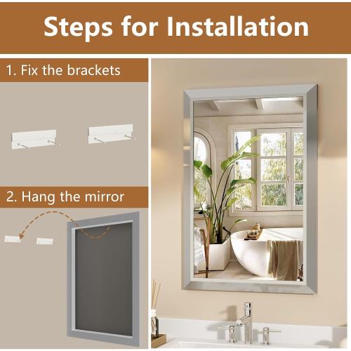 SMIROR Brushed Silver Bathroom Mirror for Over Sink, 36”x 30” Metal Thick Framed Rectangle Vanity Mirror for Wall, Right Angle Corner, Anti-Rust, Horizontally or Vertically Mounted