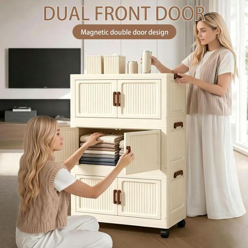 302QT Modular Stackable Storage Bins with Lids, Rolling Lidded Storage Containers with Wheels, Collapsible Drawer Storage Bins for Clothes, Container Drawers for Bedroom Dorm, Cream（6 Pack）