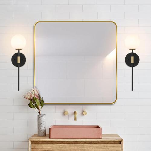 Industrial Mid Century Wall Sconce Set of 2 with White Globe Glass Shades Modern Bathroom Vanity Wall Lamp Black and Gold Finished Wall Light Fixture