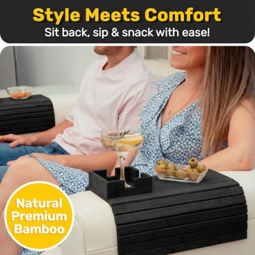 Bamboo Couch Cup Holder, Foldable Couch Armrest Table, Non-Slip Couch & Sofa Arm Tray for Drinks & Snacks (Black)