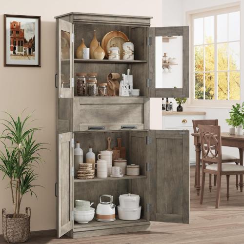 Garvee 170 Cm Bathroom Storage Cabinet with 4 Doors, Adjustable Shelves, MDF Material, Glass Doors, Drawers, Freestanding, Grey for Kitchen & Living R