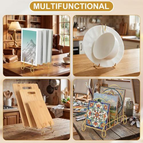 Plate Stands and Cup Holder, 3-Tier Plate Stand for Display and Cup and Saucer Display Stand Holder Metal Dish Rack Cabinet Organizer for Plates Tea Cups Coffee Mug(Gold,8 Pcs)