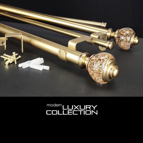 Double Curtain Rod Set:1-1/8 Inch Diameter Luxury Gold Curtain Rods, 72-144 Inches Adjustable Drapery Rod with Clear Gold Foiled Finials for 1 Pack