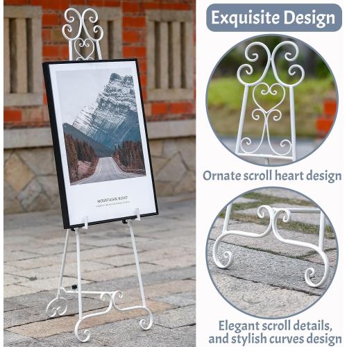 Metal Free Standing Adjustable Display Stand Scroll Easel with Chain Support, White Easel Stand for Sign, Wedding, Picture Frame. (No Installation Required)