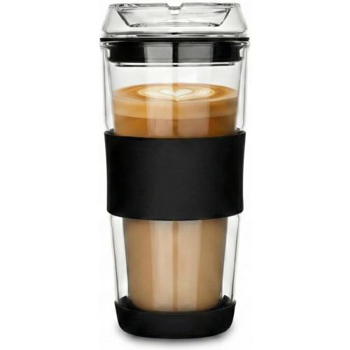 14oz Double Walled Glass Coffee Tumbler with Full Glass Lid & Silicone Sleeve - Non-Slip Insulated Travel Mug with Protective Bottom Bumper - 100% Plastic-Free