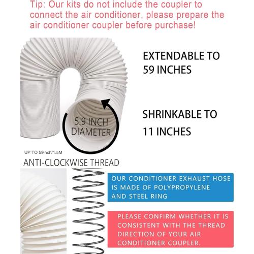 Portable AC Window Vent Kit, Adjustable Vertical/Horizontal Sliding Window Kit Plate for AC Unit, Seamless Portable AC Window Seal With 5.9 Inch Diameter, 59 Inch Length Exhaust Hose