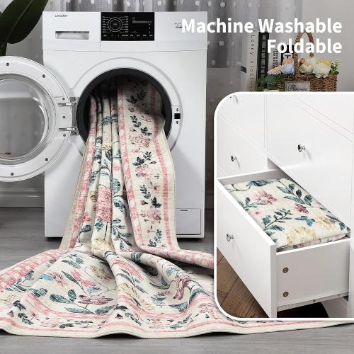 8x10 Vintage Farmhouse Area Rug for Living Room, Washable Floral Distressed Carpet, Non-Slip Low-Profile Soft Rugs for Nursery Bedroom Dining Home Office, Pink