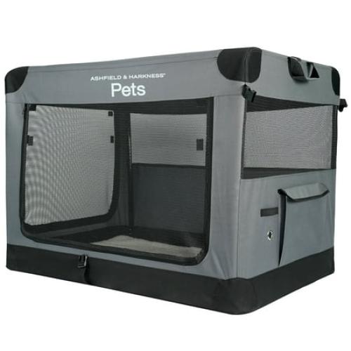 Ashfield & Harkness: Collapsible Soft Dog Crate - 42 - Gray, Sherpa Lined Mat, Durable Mesh Windows, Portable Foldable Pet Kennel, Indoor & Outdoor