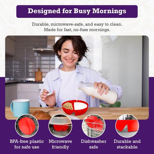 Just Solutions Crunch Anti-Soggy Cereal Bowl - Keeps Cereal Fresh & Crunchy | BPA Free | Microwave Safe | Ice Cream & Topping, Yogurt & Berries, Fries & Ketchup and More - Red