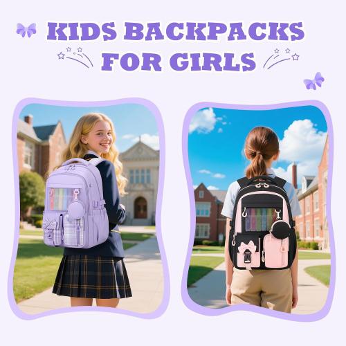 Backpack for School, Kids Backpacks for Girls, Girls Cute Bookbag for Teens, Schoolbag for Elementary Middle School Students, Girl Backpacks Ages 6-8, With Coin Purse, Travel, Camp, Purple Plaid