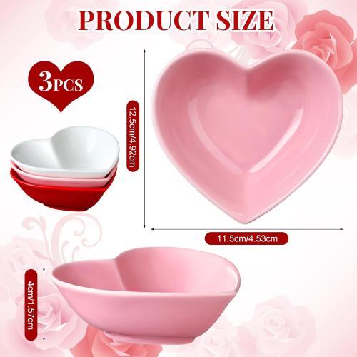 Tioncy 3 Pcs Heart Shaped Ceramic Bowls Valentine's Day Salad Bowls 5 Inch Love Heart Appetizer Plates, Dessert Snack Dishes Gifts for Valentine's Day Party Wedding Birthday Party Red Pink White