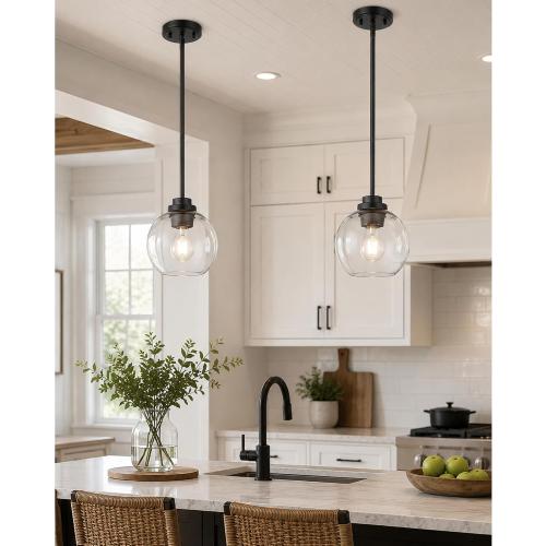 Pendant Lights Kitchen Island 2 Pack, 7 Modern Black Hanging Lights Fixtures with Clear Glass Globe Shade, Kitchen Island Lighting for Bathroom, AD-22280-1P2-BK-C