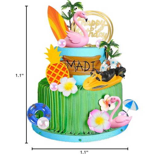 DRWATE Flamingo Cake Toppers Summer Cake Decorations Pineapple and Hibiscus Flower Yacht Surfboard Cake Toppers for Tropical Hawaiian Beach Luau Themed Party Supplies (Style 01)