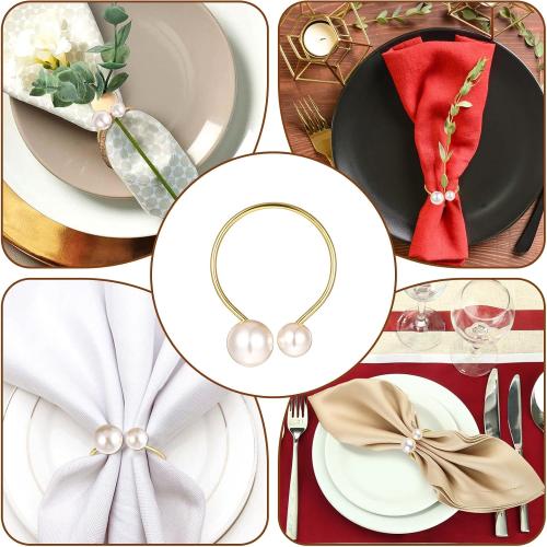 Set of 42 Pearl Napkin Rings, Gold Napkin Ring Holders with Faux Peals