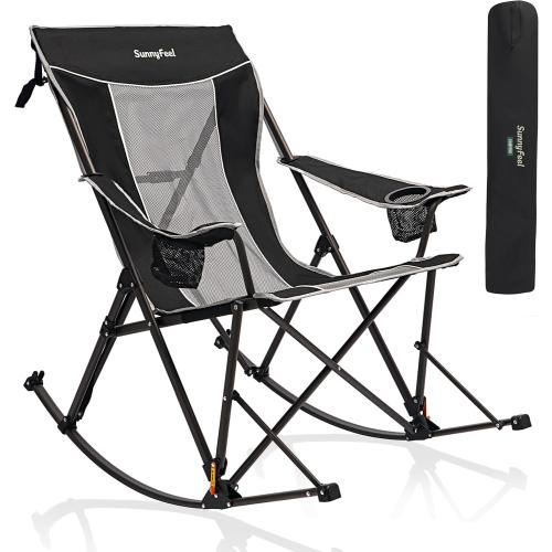 SUNNYFEEL Oversized Folding Rocking Camping Chair with Buckle Design Outdoor Rocker High Back Lawn Camp Rocker Chair with Cup Holder Heavy Duty 500 LBS for Outdoor/Camping/Lounge/Patio with Carry Bag