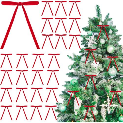 26 Pcs Velvet Christmas Tree Bows Ornaments, 5x7 Inch, 3/8 Wide, Craft Ribbon Bows for Garland Wreath Indoor Outdoor Xmas Decorations, Red
