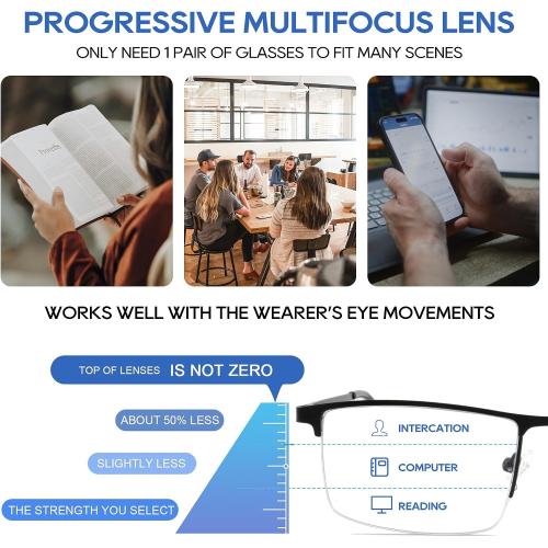 Progressive Reading Glasses for Men,Lightweight Metal Multifocus Readers,Premium Half Frame Blue Light Blocking Eyeglasses 2.50