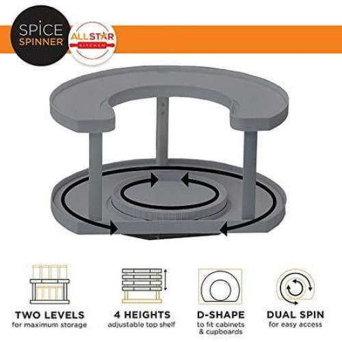spice spinner two-tiered spice organizer & holder that saves space, keeps everything neat, organized & within reach with dual spin turntables- grey