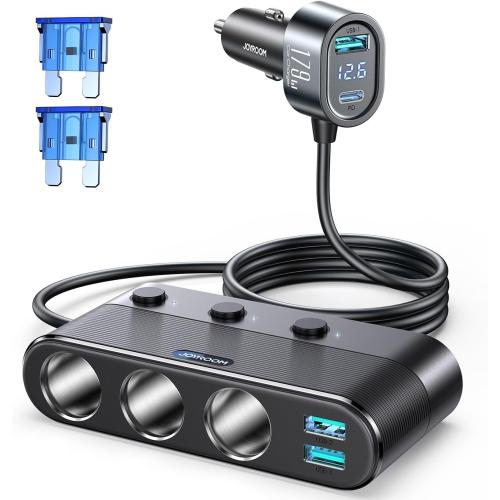 [2025 Upgraded] 7 in 1 Cigarette Lighter Adapter, JOYROOM 179W Car Charger Adapter with PD30W Charge(3.3FT Cable), 24V/ 12V Cigarette Lighter Splitter with Independent Switches & LED Voltage Display