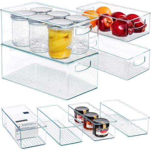 Hudgan 8 PACK Stackable Pantry Organizer Bins (3 Size) - Clear Fridge Organizer for Kitchen, Freezer, Refrigerator, Cabinet - Plastic Storage Container with Handle for Home