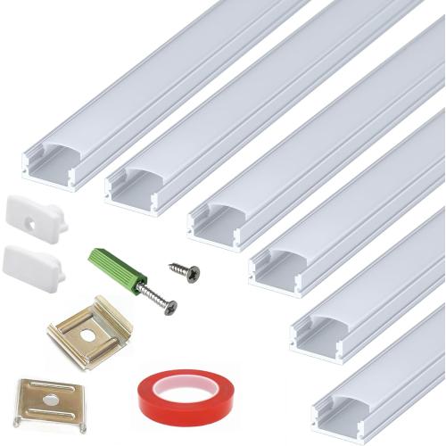 THMOOTHER LED Strip U Channel Diffuser 6-Pack 1FT,17X7.5MM Surface Mounted Aluminum Track with UV Resistance Milky Cover Cabinet Flush Installed Low Profile with Double Sided Tape