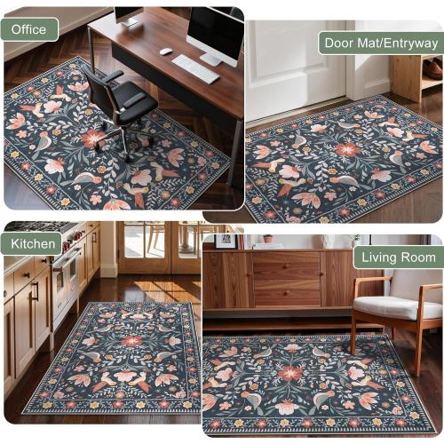 Anidaroel 36x48 Office Chair Mat for Hardwood Floor, Black Floral Computer Chair Mat, Anti-Slip Vintage Under Desk Rug for Office, Low Pile Bird Bug Office Rugs for Rolling Chairs