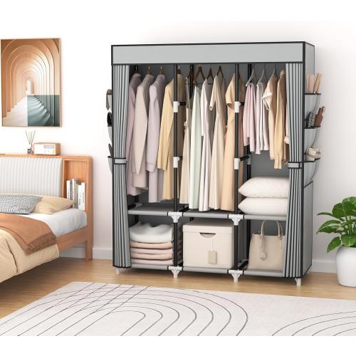 VTRIN Portable Closet Wardrobe for Hanging Clothes Closet with Cover, 3 Hanging rods, 6 Storage Shelves and Side Pocket, Diameter 19mm Metal Pipe, Sturdy Free Standing Closet for Bedroom