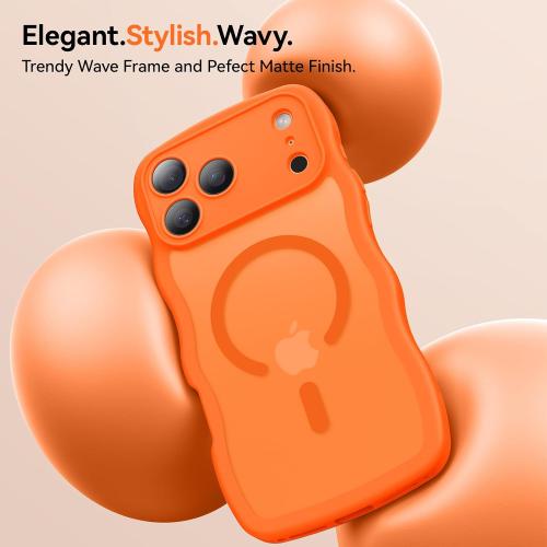 3 in 1 Magnetic for iPhone 17 Pro Max Case, Cute Wavy [Full Camera Protection][Fit for MagSafe] 1X Screen Protector 1X Wrist Strap, Anti-Slip Trendy Women Girly Case for iPhone 17 Pro Max 6.9, Orange