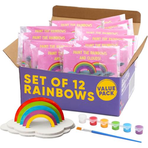 12 Rainbow Craft Kits for Kids - Paint Party Favors with Goodie Bags | Kids paint 12 wooden rainbow sets with pastel paints and brushes - birthday party favors with goodie bags included