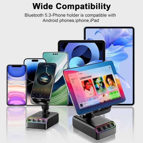 Adjustable Cell Phone Stand with Wireless Induction Bluetooth Speaker, HD Surround Sound for Home and Outdoors, Compatible with iPhone/iPad/Samsung Galaxy, Popular Gifts for Men Women Dad Mom