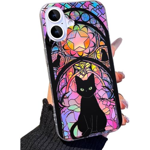 Compact Case for iPhone 16 cat Design,Cute Holographic Soft Slim TPU Shockproof Protective Bumper Phone Cases Cover for Women Girls man Aesthetic Glitter Shiny