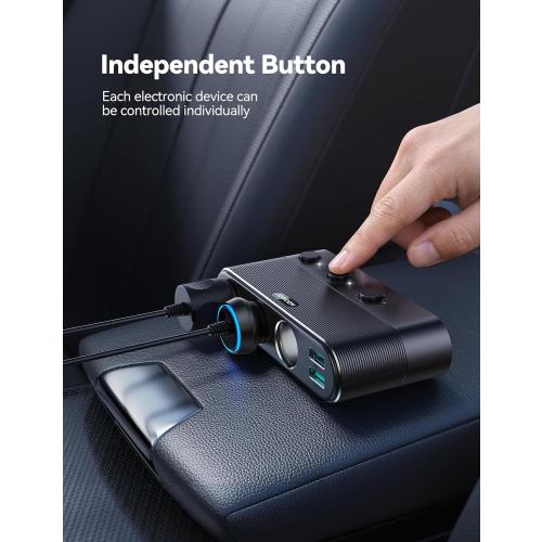 [2025 Upgraded] 7 in 1 Cigarette Lighter Adapter, JOYROOM 179W Car Charger Adapter with PD30W Charge(3.3FT Cable), 24V/ 12V Cigarette Lighter Splitter with Independent Switches & LED Voltage Display